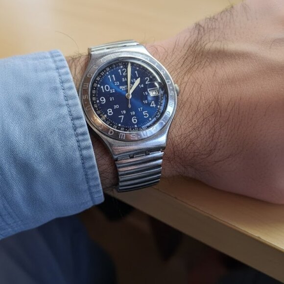 Vintage Authentic Swatch Irony Quartz Navy Blue Stainless Case & Bangle - Picture 1 of 5